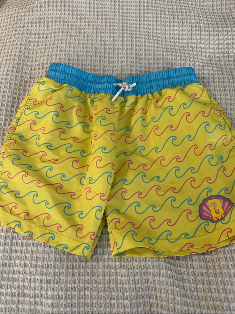 Baseball lifestyle RARE Yellow Wave-Print Swim Trunks with Blue Waistband